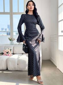 Modelyn Vestito lungo elegante e aderente da donna con maniche a sbuffo e stampa a pois