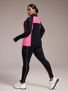 Rhythm Era Conjunto deportivo de talla grande con bloqueo de color, manga larga y pantalones para mujeres