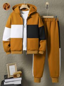 SHEIN 2 件青少年男孩休闲连帽夹克和抽绳裤套装，黑白拼布，日常穿着 - 彩色 - 查看 1