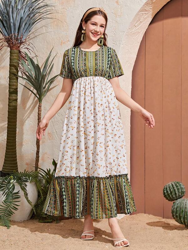 Teenage Girl Print Short Sleeve Dress, Fashion Style, Comfortable Fabric For Summer, Must-Have