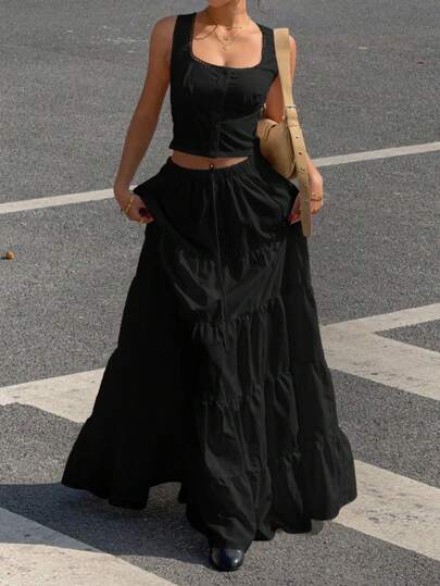 SHEIN EZwear Women Summer Casual Solid Color Front Button Camisole And Skirt Set,Summer Sets