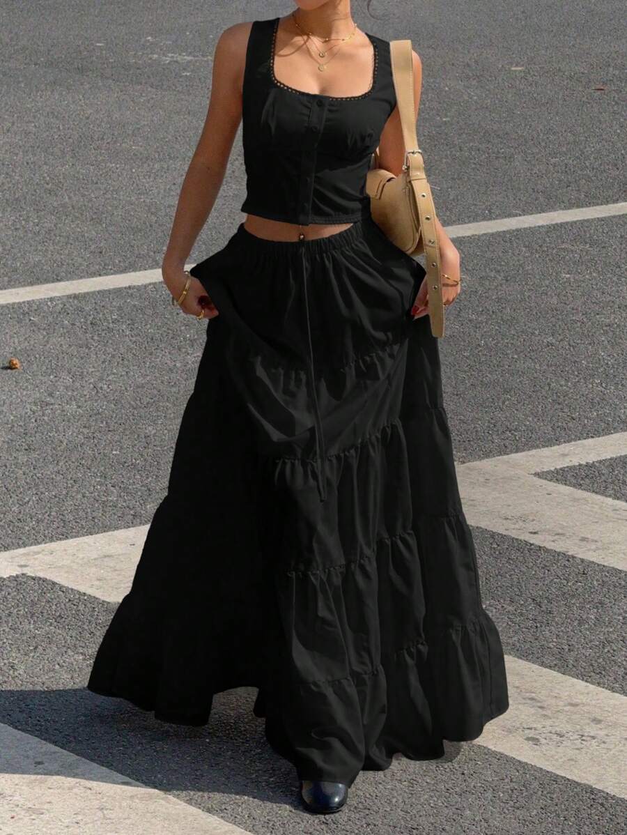 Muchica Women Summer Casual Solid Color Front Button Camisole And Skirt Set,Summer Sets - Black - View 1