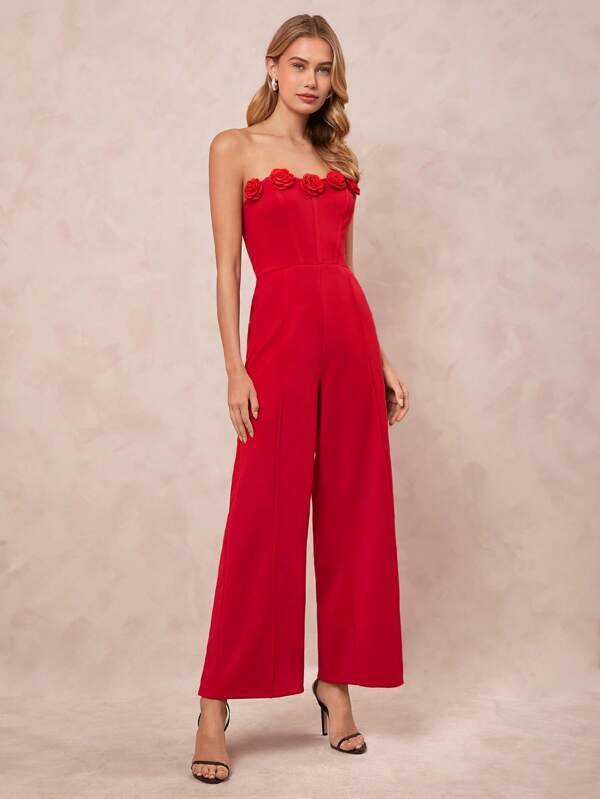 Amorya Women's Elegant Strapless 3D Floral Red Jumpsuit, Suitable For Wedding Guests, Spring/Summer Summer Outfits For Women Wedding Guest Dress Women Rompers For Women Dress For Wedding Guest Wedding Guest Dress Women