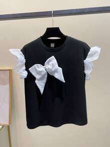 SHEIN Teen Girls Bowknot Cap Sleeve Cute Casual Holiday T-Shirt, Contrast Color Loose Tee - Black and White - View 1