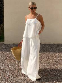 Livesso 2件套女士夏季白色时尚百搭休闲中性吊带连体裤，荷叶边度假风 - 白色 - 查看 1