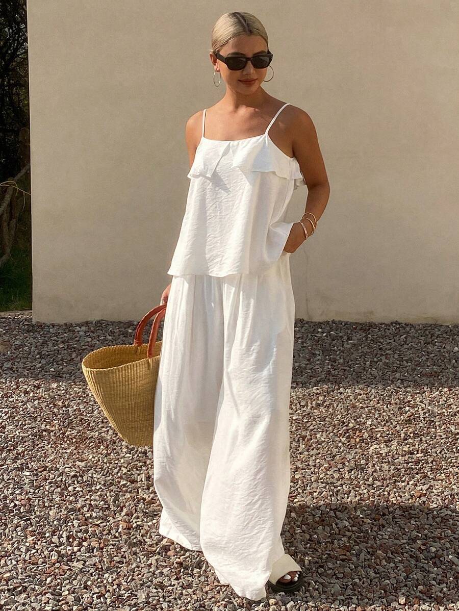Livesso 2件套女士夏季白色时尚百搭休闲中性吊带连体裤，荷叶边度假风 - 白色 - 查看 1