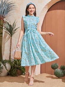 Ditsy Floral Teen Girl's Sleeveless Waisted Long Dress, Cute & Lively, Suitable For Outing, Spring/Summer - Multicolor - View 1