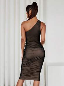 SHEIN LUNE Women's Mesh Ruffle Fitted One Shoulder Sleeveless Casual Outdoor Street Dress - Coffee - View 2