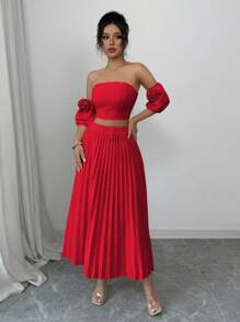 Elenzga 2pcs Set Women Off-Shoulder Cropped Top With 3D Floral Decor And High Waist Pleated Skirt - Red - View 4