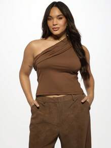 MISSGUIDED PLUS Plus Size One Shoulder Crop Top Asymmetrical Ruched Design Sleeveless Party Club Night Out Fitted Elegant Modern Fall Winter Fashion - Camel - View 1