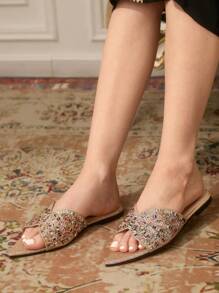 CUCCOO TILAWA New Outdoor Ladies Flat Sandals, Pointed Toe Fashion Rhinestone Decor Black Velvet Slippers, Soft Sole Comfortable Casual Slip-On For Party And Commute, Summer Women Shoes - Champagne - View 2