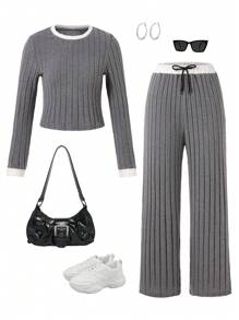 SHEIN Explorewe 2 件套女童休闲拼色圆领上衣和裤子套装