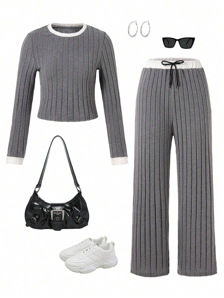 SHEIN Explorewe 2 件套女童休闲拼色圆领上衣和裤子套装