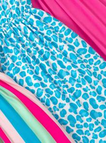 Sparklyn 3 件套女童套头连衣裙，弹力豹纹无袖连衣裙，适合夏季度假派对。休闲 V 领，豹纹，花卉印花装饰细肩带背心，适度弹力 - 藍色 - 查看 5