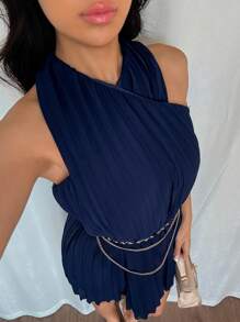 Calvaya Vestido elegante de unicolor con pliegues y cuello de halter para verano