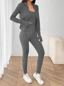 SHEIN EZwear 灰色针织夹克、背心和紧身裤 3 件套女士运动服套装 - 灰色 - 查看 3