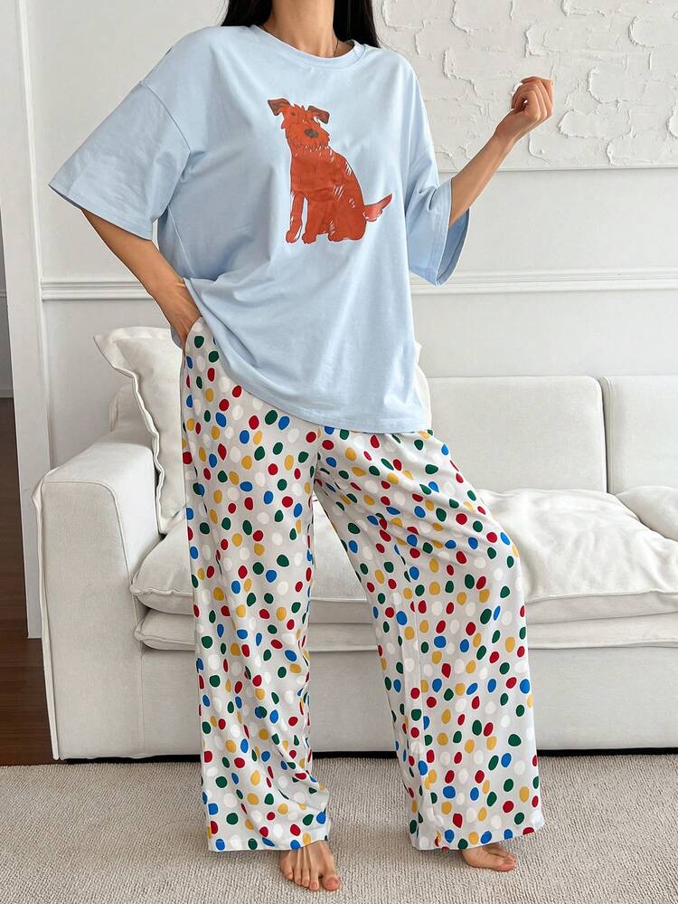 Cute Dog Graphic Print Loose T-Shirt Top & Polka Dot Full Print Pajama Pants 2 Pieces Sleepwear Set
