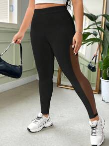 CovetEZ Plus Size Hollow-Out Mesh Tight Sports Leggings - Black - View 7