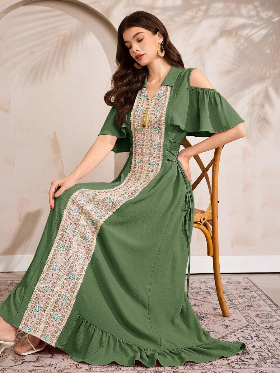 Al Najma Women's Floral Open Shoulder Ruffle Sleeve Arabic Style Dress - Green - View 1