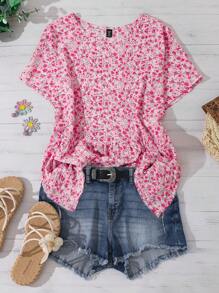 SHEIN LUNE 加大码圆领短袖满花休闲上衣，日常穿着波西米亚风格/波西米亚风格，假日，度假风格夏季海滩婚礼宾客女士休闲夏季外出衬衫母亲节简约时尚