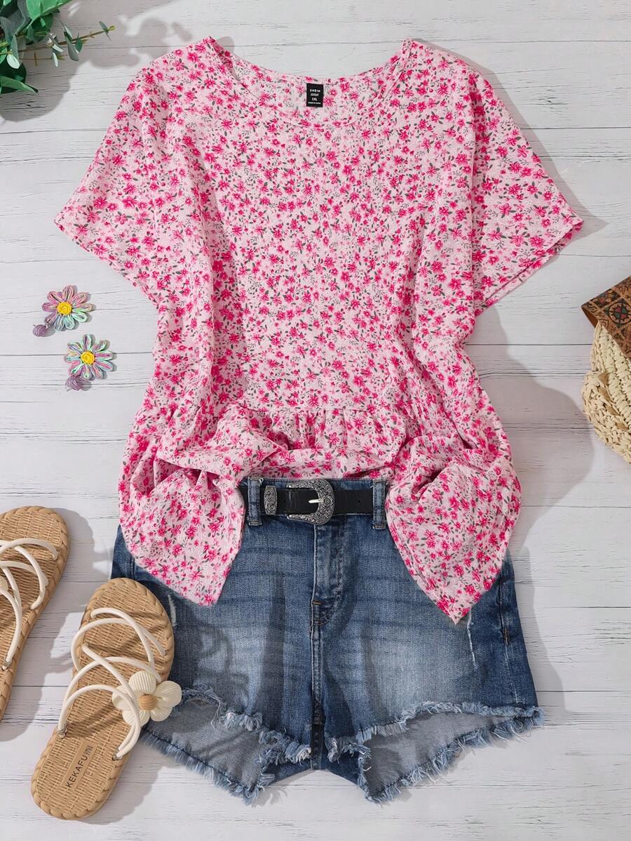 SHEIN LUNE 加大码圆领短袖满花休闲上衣，日常穿着波西米亚风格/波西米亚风格，假日，度假风格夏季海滩婚礼宾客女士休闲夏季外出衬衫母亲节简约时尚