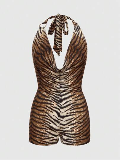 Kawaii Women's Y2K Abby Harajuku Crop Draped Neck Bodycon Tiger Stripe Jumpsuit