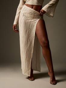 MISSGUIDED High Rise Maxi Skirt With Dramatic Side Slit Cover Up Beach Resort Vacation Wear Long Flowing Summer Beachwear Wrap Style Boho Festival Split Leg - Apricot - View 1