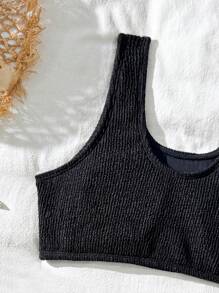 Tween Girls Fashionable Simple Black Texture Bikini Swimsuit Set - Black - View 3