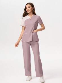 TaskEZ Conjunto de ropa de trabajo con top de manga corta con cuello en contraste y pantalones, conjunto de bata - Púrpura polvoriento - Ver 8