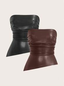 SHEIN EZwear 2pcs Women Solid Color PU Cropped Tank Top, Spring/Summer Brown - Chocolate Brown - View 3