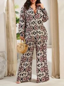 RueChic Plus Size Women's Spring & Summer Allover Print Long Sleeve Blouse And Pants 2-Piece Casual Outfit - Green - View 1