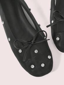 CUCCOO DOLLMOD Designer Rhinestone Decor V-Cut Square Toe Black Flat Shoes, Soft & Comfortable Cloud-Like Design, Versatile Casual Elegant Women Flats, Red Color, Mary Jane Style, Suitable For Dating, Valentine's Day - Black - View 9