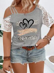 SHEIN Plus Size Asymmetrical Collar Lace Short Sleeve Leopard Heart Print Casual T-Shirt, Spring/Summer