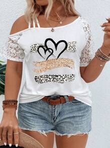 INAWLY Plus Size Asymmetrical Lace Collar Short Sleeve Leopard And Heart Print Casual T-Shirt, Spring/Summer