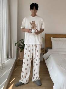 DAZY Bear Graphics T-Shirt Matching Men's Homewear Set, Spring/Summer - Multicolor - View 3