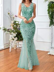 SHEIN Belle Váy dạ hội lưới sequin xẻ đùi tương phản, váy dạ hội trang trọng thanh lịch, dành cho khách dự tiệc cưới, tốt nghiệp, tiệc tối cho tiệc ngày lễ - màu xanh lá - Xem 4