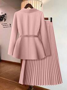 Rometta Plus Size Women Solid Long Sleeve Blazer And Knee Length Pleated Skirt Set Graduation,Back To School,Teacher Outfits For Women Fall Cloth For Women Autumn