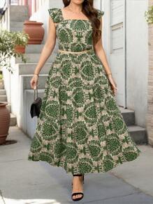 SHEIN Holidaya Plus Size Women 2pcs Outfit, Cap Sleeve Top & Elastic Waist Skirt, Suitable For Vacation And Daily Wear - Green - View 3