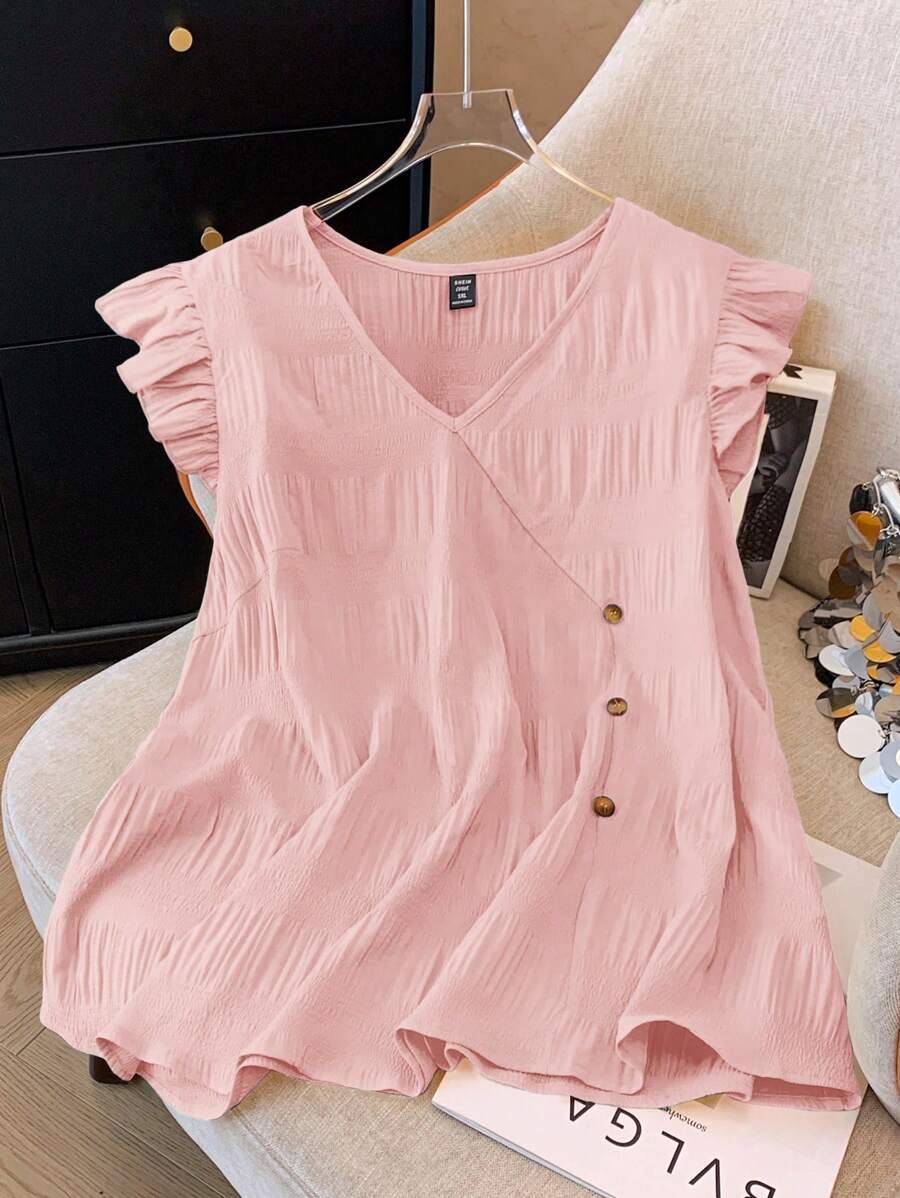 SHEIN LUNE Plus Size Summer Casual Solid Color Textured Cap Sleeve Shirt - Baby Pink - View 1