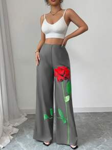 Chiquease Elegant Romantic Flower & Rose Print Wide-Leg Casual Pants, Suitable For Commuting - Grey - View 3