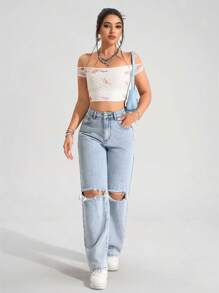 SHEIN PETITE Vaqueros anchos y holgados de tela vaquera con bolsillos y efecto desgastado, de uso versátil y casual para mujer - Azul - Ver 3