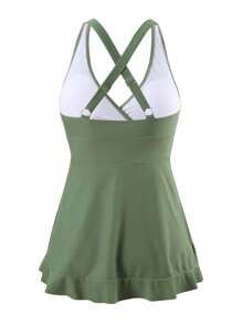 Swim Lushoire 1pc Solid Color Swimsuit For Women, Slimming & Flattering, Suitable For Spa And Beach For Summer Beach Vacation - Army Green - View 6