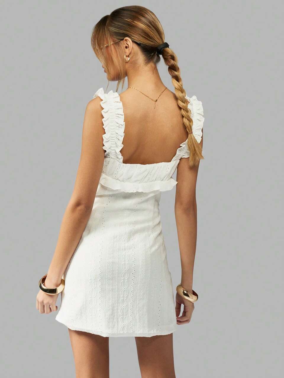 MISSGUIDED Broderie Anglaise Mini Dress With Ruffle Straps Eyelet Summer Dress Square Neck Adjustable Tie Front Empire Waist Beach Wedding Guest Vacation Dress