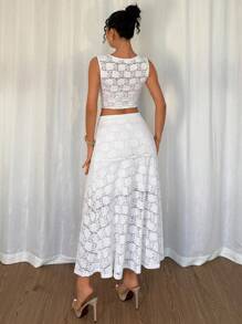 Chiquease Set de 2 piezas de encaje, diseño único de encaje francés calado blanco, conjunto sexy de top corto sin mangas y falda de cola de sirena de cintura alta, estilo de vacaciones francés de conjunto de camiseta de encaje calada y falda de cola de sirena ajustada, conjunto de camiseta de encaje + falda de cola de sirena de cintura baja - Blanco - Ver 2