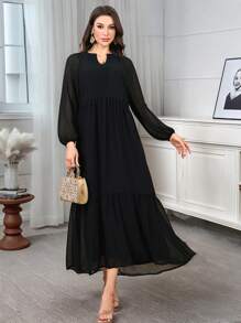 Modelyn Women's Elegant Solid Color Lantern Sleeve Arabic Style Dress - Black - View 3