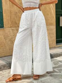 Serisse Women's White Boho Summer Wide Leg Pants,Elegant Burnout Embroidery Fabric Patchwork Casual Pants For Beach Vacation Holiday,Wedding Guest Resort - White - View 5