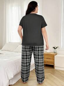 Plaid Heart Pattern Round Neck Short Sleeve Top & Long Pants Plus Size Pajama Set, Outfits  Cozy And Elegant Details, Fall Clothes