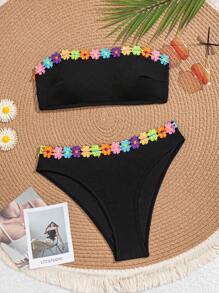 Swim Mod 2pcs Women Floral Print Strapless Bikini Set, Summer Beach Party - Black - View 5