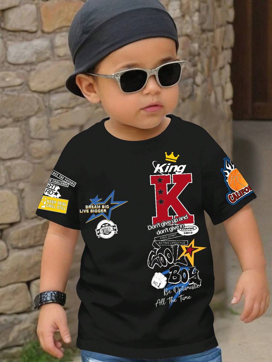 SHEIN Young Boy Casual Simple Round Neck Short Sleeve Loose T-Shirt, Suitable For Summer