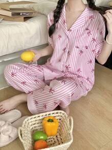 SHEIN Teen Girl Cute & Comfy Bow Stripe Collar Button Short Sleeve Loose Woven Pajama Set, 2Pcs - Pink - View 4